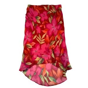 Vintage Red Floral High Low Chiffon Midi Skirt Large Tropical